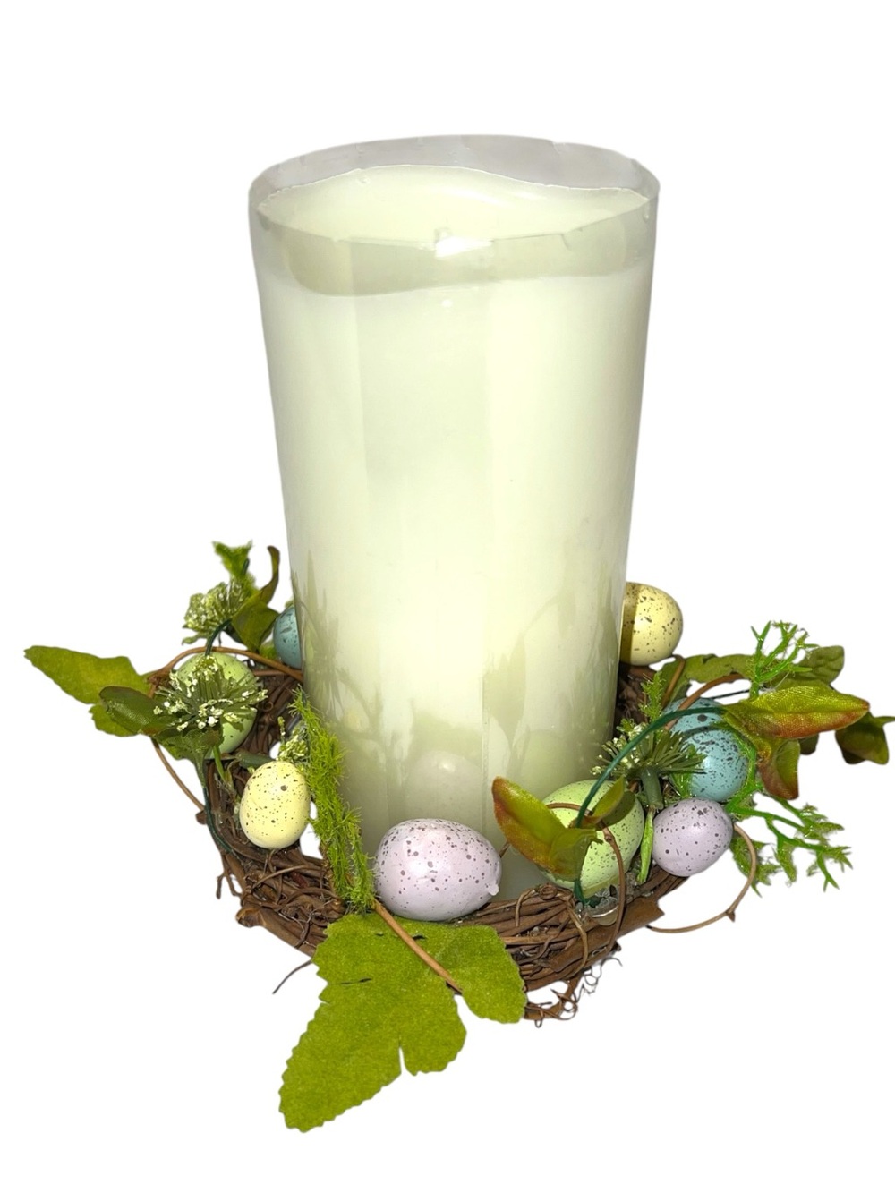 Unbranded Cream Pillar Candle with Spring Egg Wreath Accent